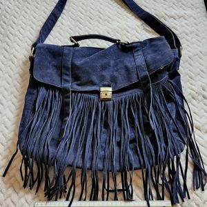 Blue suede fringe laptop bag 18×13×3